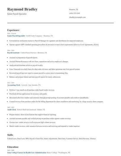 Senior Payroll Specialist Resume