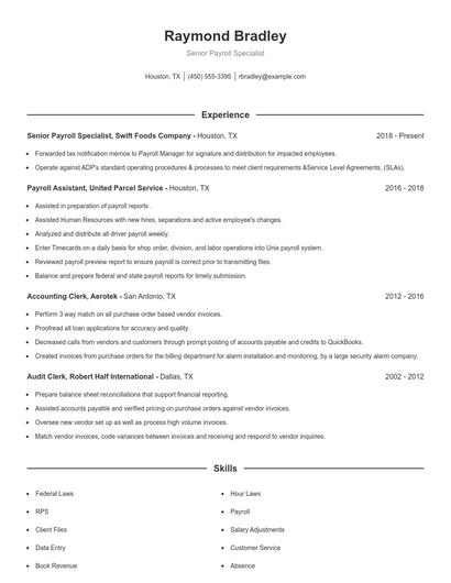 Senior Payroll Specialist Resume