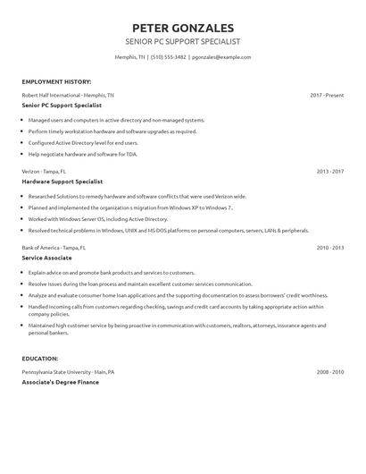 Senior PC Support Specialist Resume