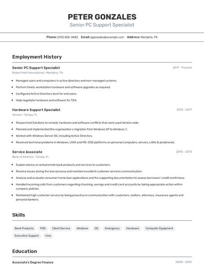 Senior PC Support Specialist Resume
