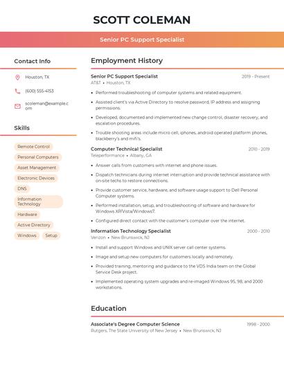 Senior PC Support Specialist Resume