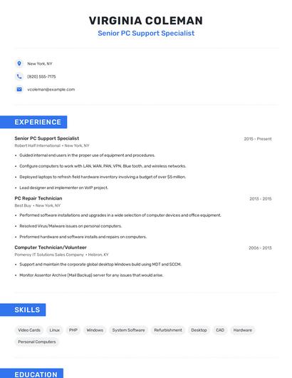 Senior PC Support Specialist Resume