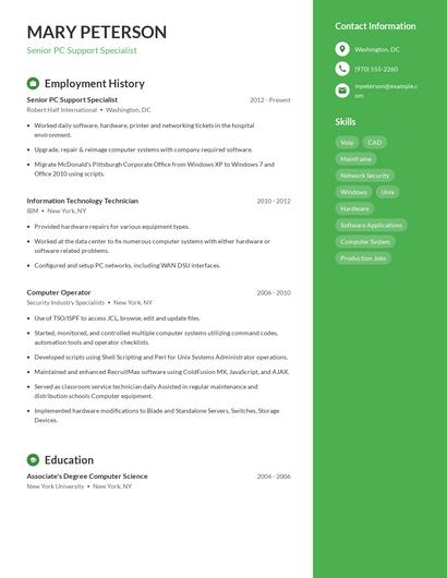 Senior PC Support Specialist Resume