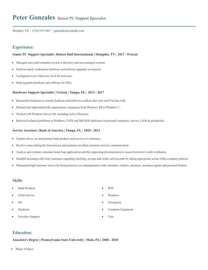Senior PC Support Specialist Resume