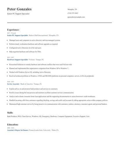 Senior PC Support Specialist Resume