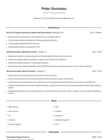 Senior PC Support Specialist Resume
