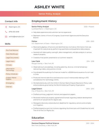Senior Policy Analyst Resume
