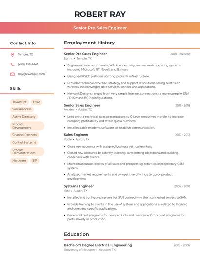 Senior Pre-Sales Engineer Resume