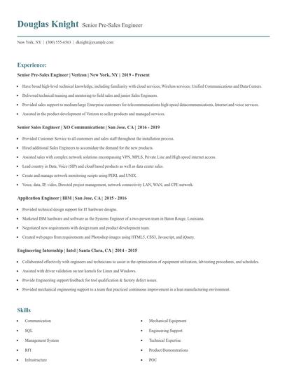 Senior Pre-Sales Engineer Resume