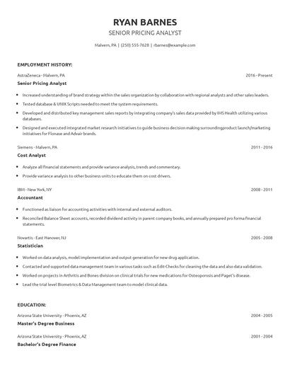 Senior Pricing Analyst Resume