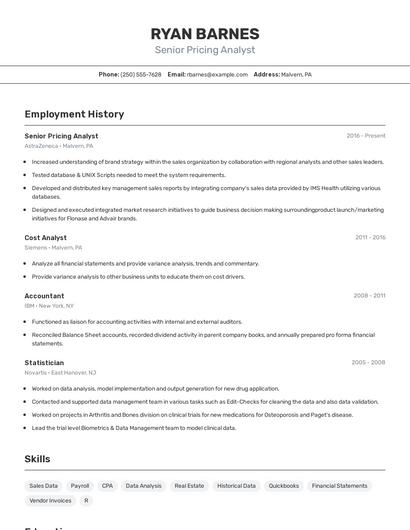 Senior Pricing Analyst Resume