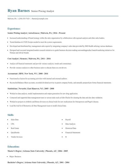 Senior Pricing Analyst Resume