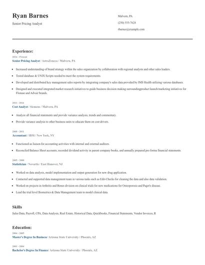 Senior Pricing Analyst Resume