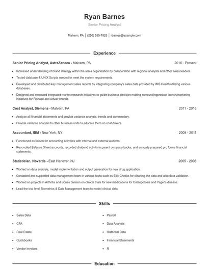 Senior Pricing Analyst Resume