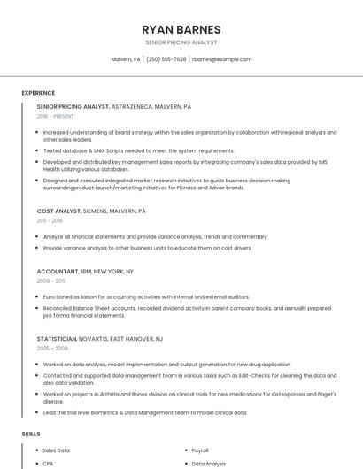 Senior Pricing Analyst Resume