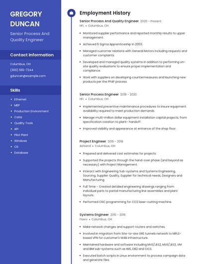 Senior Process And Quality Engineer Resume