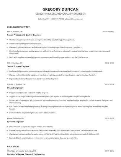 Senior Process And Quality Engineer Resume
