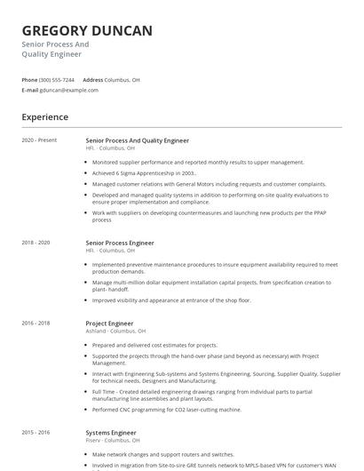 Senior Process And Quality Engineer Resume