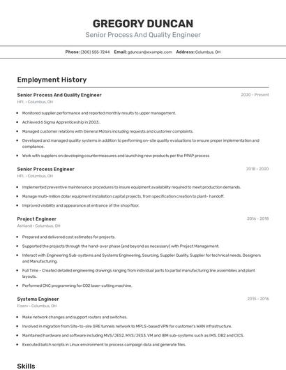 Senior Process And Quality Engineer Resume