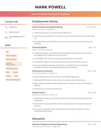 Senior Process And Quality Engineer Resume