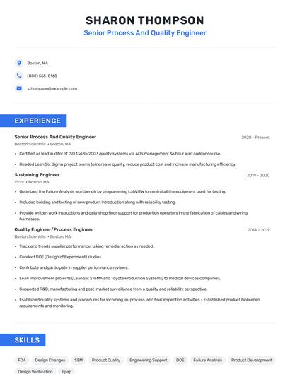 Senior Process And Quality Engineer Resume