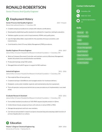 Senior Process And Quality Engineer Resume