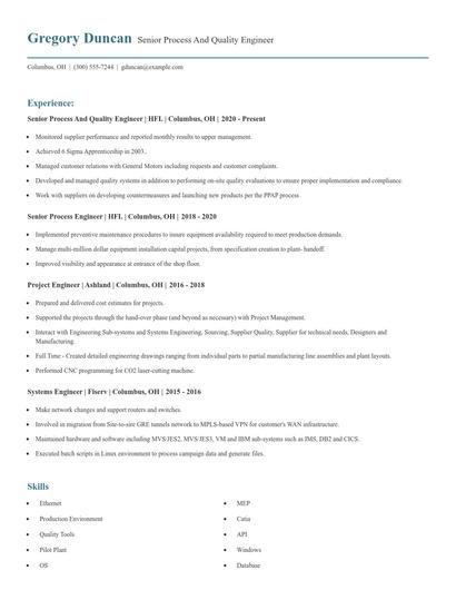 Senior Process And Quality Engineer Resume