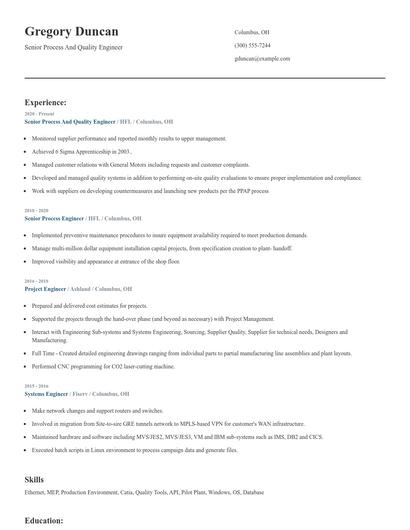 Senior Process And Quality Engineer Resume