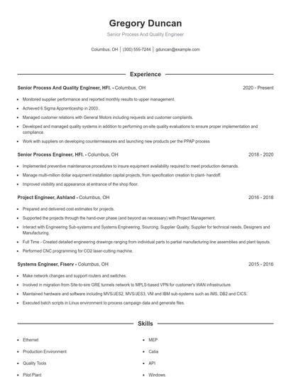 Senior Process And Quality Engineer Resume