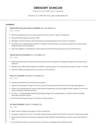 Senior Process And Quality Engineer Resume