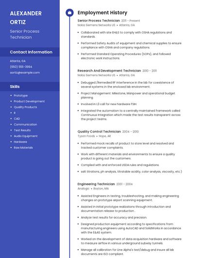 Senior Process Technician Resume