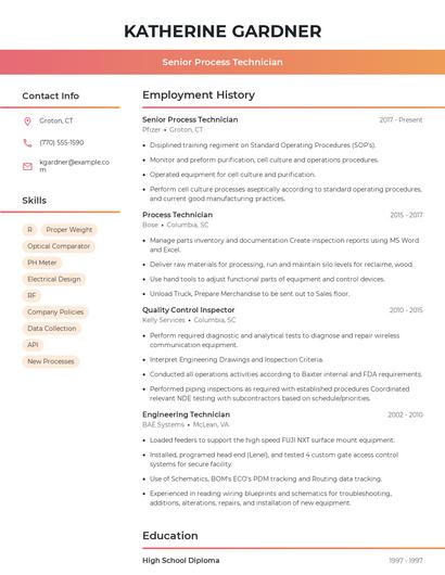 Senior Process Technician Resume