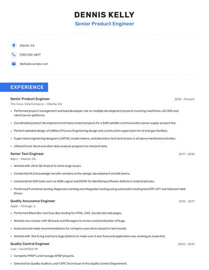 Senior Product Engineer Resume