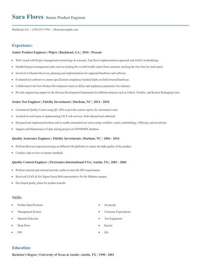 Senior Product Engineer Resume