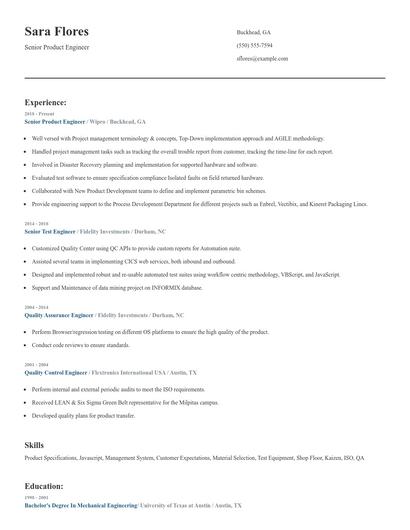 Senior Product Engineer Resume