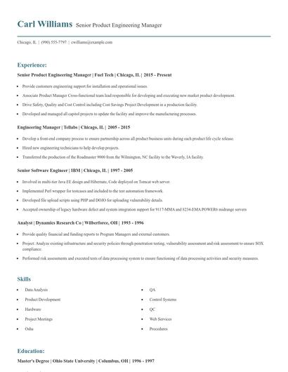 Senior Product Engineering Manager Resume
