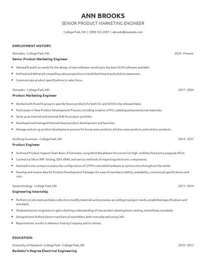 Senior Product Marketing Engineer Resume