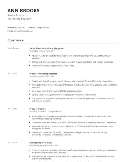 Senior Product Marketing Engineer Resume