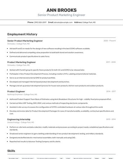 Senior Product Marketing Engineer Resume
