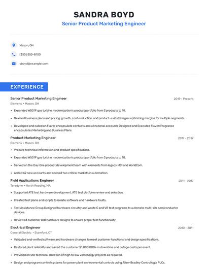 Senior Product Marketing Engineer Resume