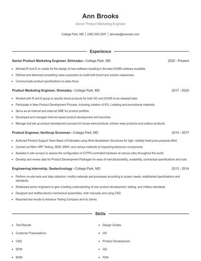 Senior Product Marketing Engineer Resume
