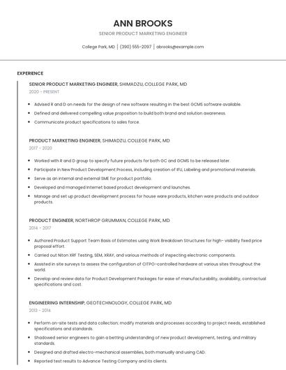 Senior Product Marketing Engineer Resume