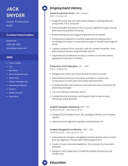 Senior Production Artist Resume