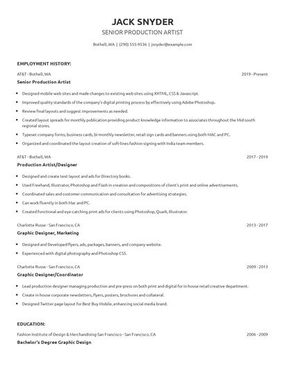 Senior Production Artist Resume