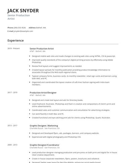 Senior Production Artist Resume