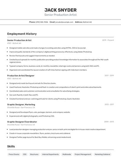 Senior Production Artist Resume