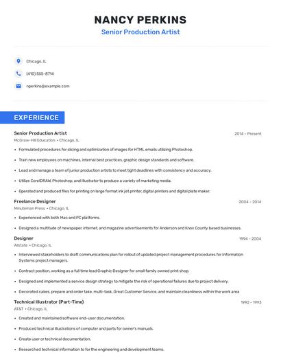 Senior Production Artist Resume