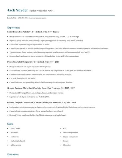 Senior Production Artist Resume