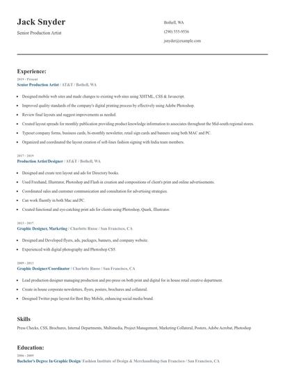 Senior Production Artist Resume
