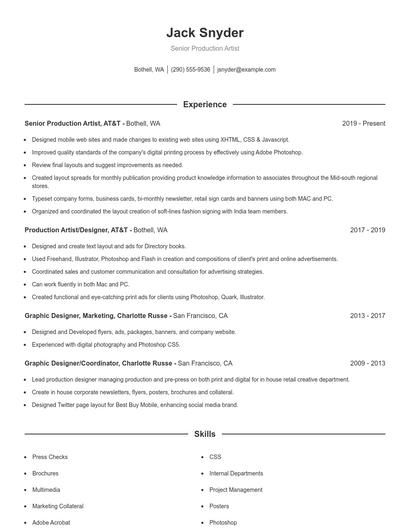 Senior Production Artist Resume